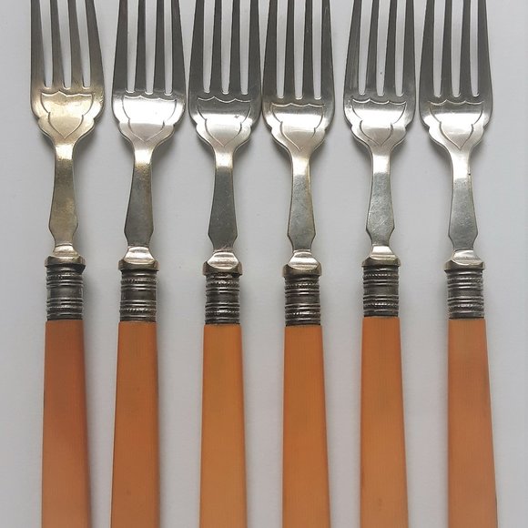 VTG Antique French Ivory Celluloid Handle Silver Plate Forks & Knieves Set of 12 - Picture 5 of 10